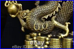 22.4 Old Chinese Brass Bronze Dynasty Fengshui Dragon Yuan Bao Statue