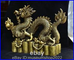 22.4 Old Chinese Brass Bronze Dynasty Fengshui Dragon Yuan Bao Statue