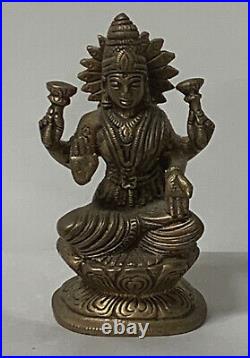 4 1/2 Hindu Power Goddess Fortune Lakshmi Sitting on Lotus Statue Bronze Brass