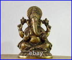 8.5 Inches Ganesha Statue Figurine Hand Carved Brass Hindu Religious God Idol