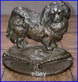 ANTIQUE PEKINGESE Figural Dog Bronze Brass DOOR STOP Art Statue 5.25X6