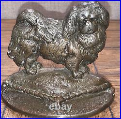 ANTIQUE PEKINGESE Figural Dog Bronze Brass DOOR STOP Art Statue 5.25X6