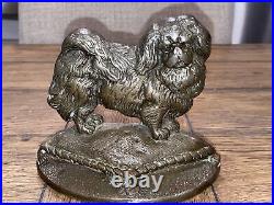 ANTIQUE PEKINGESE Figural Dog Bronze Brass DOOR STOP Art Statue 5.25X6