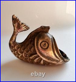 Amazing Rare Antique Primitive Hand Made Bronze Brass Ashtray Figure Statue Fish