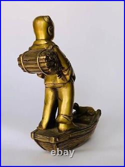 Amazing Vintage Collectible Bronze Brass Figure Statue Japanese Boy with Dog