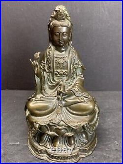 Antique 19th C. Chinese Brass Bronze Kwan yin Bodhisattva statue 6.5 Tall 2 lbs