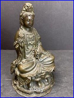 Antique 19th C. Chinese Brass Bronze Kwan yin Bodhisattva statue 6.5 Tall 2 lbs