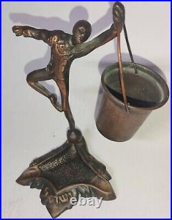 Antique Ashtray Brass Man Holding pail Bronze Unique Rare Statue Israel