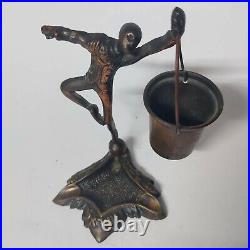 Antique Ashtray Brass Man Holding pail Bronze Unique Rare Statue Israel