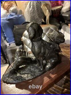 Antique Cast Bronze Statue of Boy with Dog & Antique Vtg Brass Girl Kissing Boy
