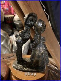 Antique Cast Bronze Statue of Boy with Dog & Antique Vtg Brass Girl Kissing Boy