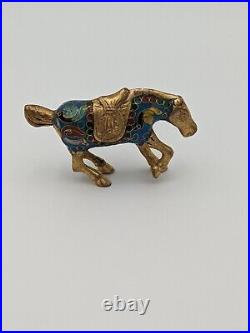 Antique Chinese Cloisonne Enameled Bronze Horse, Blue & Red