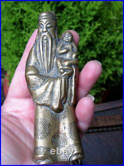 Antique Chinese Wise Old Man kid Brass Bronze Spiritual Figurine