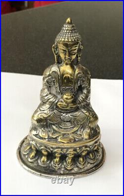Antique Mix Metal Silver Brass Sitting Shakyamuni Buddha Statue Sculpture Deity