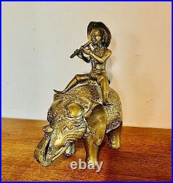 Antique Oriental Chinese Heavy Brass Bronze Shepherd Boy Riding Elephant Statue