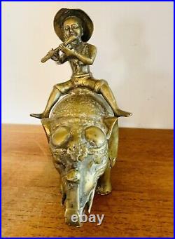 Antique Oriental Chinese Heavy Brass Bronze Shepherd Boy Riding Elephant Statue