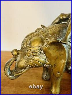 Antique Oriental Chinese Heavy Brass Bronze Shepherd Boy Riding Elephant Statue