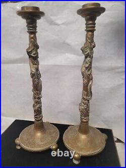 Antique Pr Chinese Bronze Brass Candle Holders DRAGONS 14 h