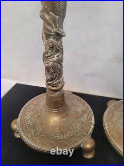 Antique Pr Chinese Bronze Brass Candle Holders DRAGONS 14 h