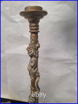 Antique Pr Chinese Bronze Brass Candle Holders DRAGONS 14 h