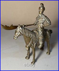 Antique Set Of Intricate Brass Chinese Warriors On Horseback With Weapons 9Tall