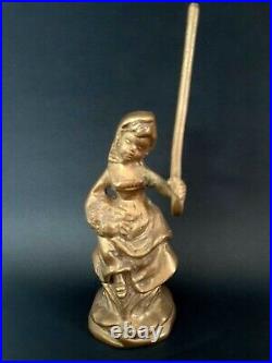 Antique USSR Miniature Bronze Vintage Brass Statue Girl Carrying Rose Crutch Old