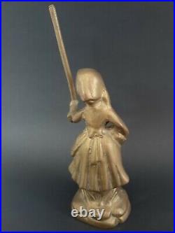 Antique USSR Miniature Bronze Vintage Brass Statue Girl Carrying Rose Crutch Old