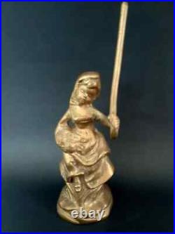 Antique Ussr Bronze Brass Miniature Figure Statue Girl Carrying Roses Crutch Old