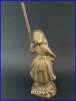 Antique Ussr Bronze Brass Miniature Figure Statue Girl Carrying Roses Crutch Old