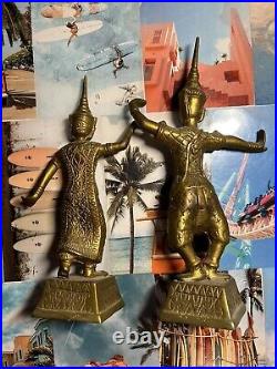 Antique Vintage Bronze Brass Copper Thai Siam Temple Dancer 2 Figures Statues