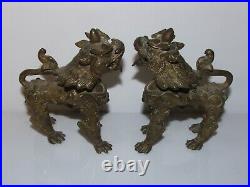 Antique pair napalese chinese brass bronze dogs of foo fu oriental dragon figure