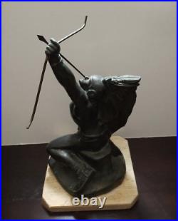 Aztec Warrior Statue Brass Bronze Kneeling Bow Arrow On Marble Base