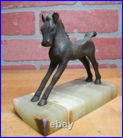 Brass Bronze Horse on Marble Stone Base Old Statue Stylized Decorative Arts Pony