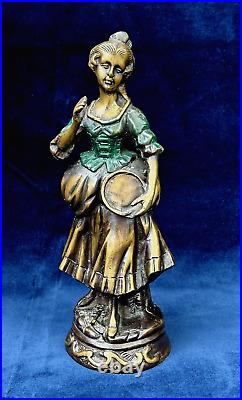 Bronze Brass Statue Of Woman Vintage Primitive Colored Enameling On Dress 12