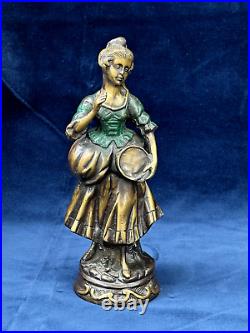 Bronze Brass Statue Of Woman Vintage Primitive Colored Enameling On Dress 12