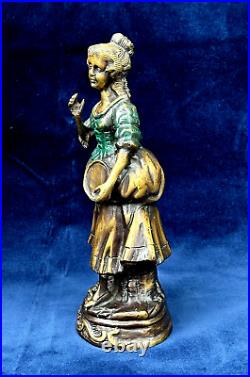 Bronze Brass Statue Of Woman Vintage Primitive Colored Enameling On Dress 12