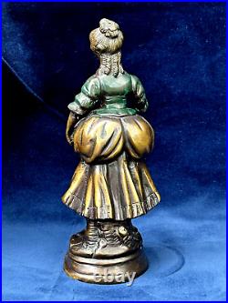 Bronze Brass Statue Of Woman Vintage Primitive Colored Enameling On Dress 12