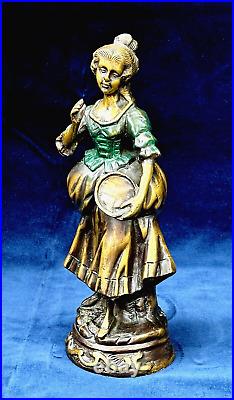 Bronze Brass Statue Of Woman Vintage Primitive Colored Enameling On Dress 12