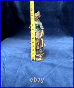 Bronze Brass Statue Of Woman Vintage Primitive Colored Enameling On Dress 12