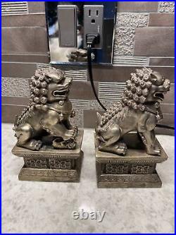 Chinese Bronze Brass Guardian Foo Fu Dog Phylactery Door Lion Pair Statue 6.5