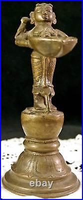 Early Meenakshi Hindu God Brass Bronze Statue w Bird Holding Leaf Oil Lamp