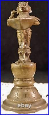 Early Meenakshi Hindu God Brass Bronze Statue w Bird Holding Leaf Oil Lamp
