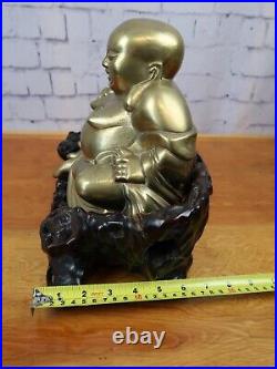 Extra Large Laughing Bronze Brass Buddha Sated Figure Of Milofu Rosewood 11LBS