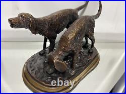 German Shorthaired Pointers Hunting Gun Bird Water Dogs Bronze Brass Art Statue