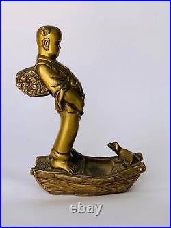 Heavy Vintage Collectible Bronze Brass Figure Statue Japanese Boy with Dog