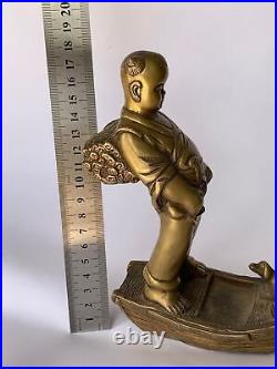 Heavy Vintage Collectible Bronze Brass Figure Statue Japanese Boy with Dog