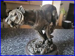 Large Bronze Beast Tiger Statue Signed Milo on Marble Black Tiger Breast