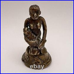 Miniature Antique Cast Bronze Brass Decor Figure Statue Woman & Child Primitive