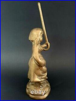 Miniature Ussr Vintage Bronze Brass Figure Statue Girl Carrying Roses Crutch Old