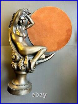 Oliver Tupton Nude Woman Sitting on Moon Bronze Statue with mirror 30cm Tall